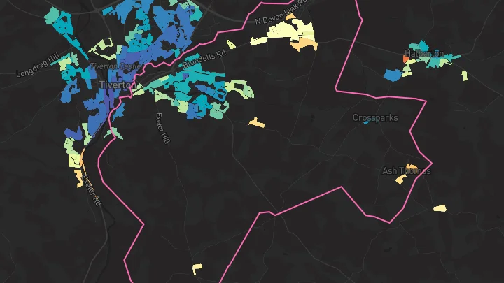 House price heatmap showing property values across Tiverton