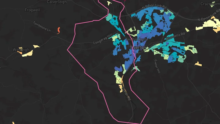 House price heatmap showing property values across Tiverton
