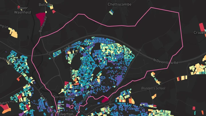 House price heatmap showing property values across Tiverton