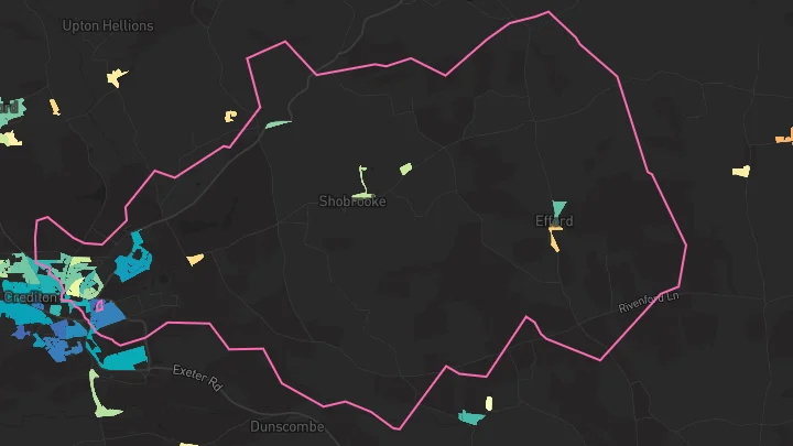 House price heatmap showing property values across Crediton