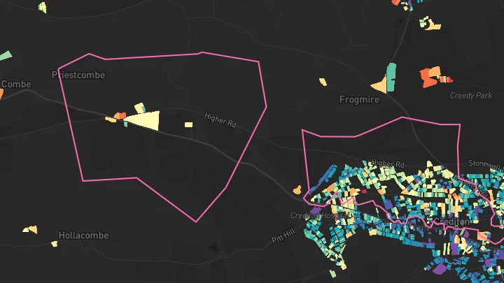 House price heatmap showing property values across Crediton
