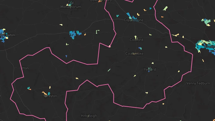 House price heatmap showing property values across Copplestone