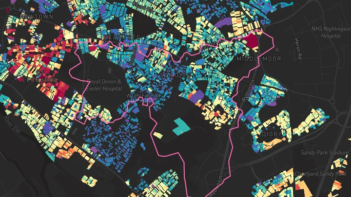 House price heatmap showing property values across Exeter