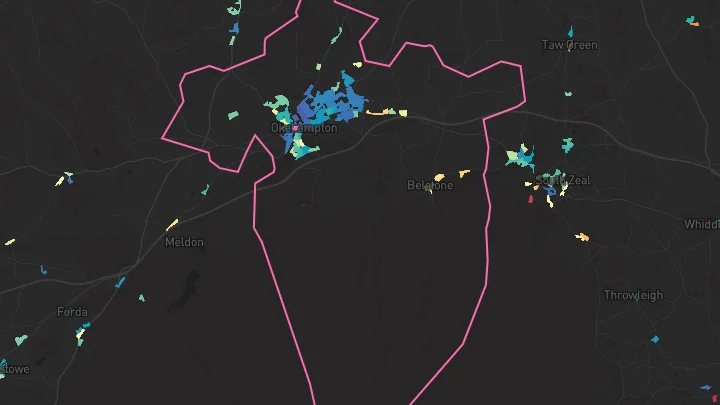 House price heatmap showing property values across Okehampton