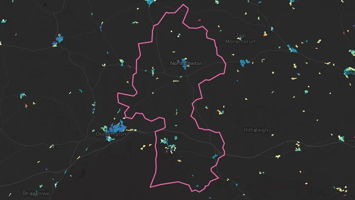House price heatmap showing property values across North Tawton