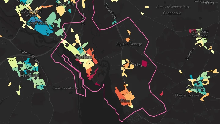 House price heatmap showing property values across Topsham