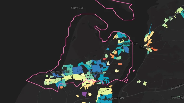 House price heatmap showing property values across Westward Ho