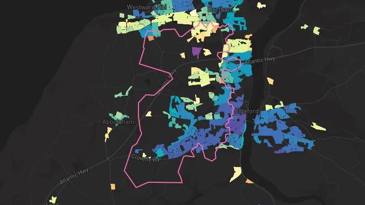 House price heatmap showing property values across Bideford
