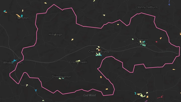 House price heatmap showing property values across Tedburn St Mary