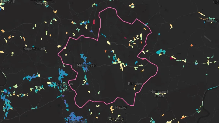 House price heatmap showing property values across Mitcheldean