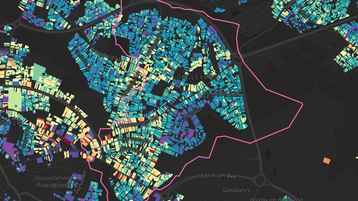 House price heatmap showing property values across Longlevens