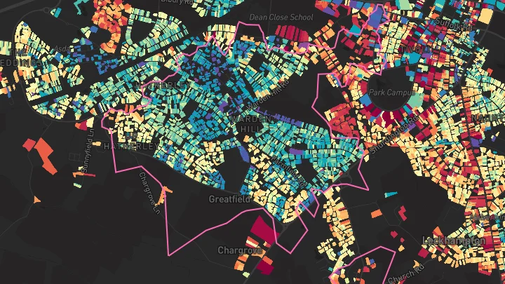 House price heatmap showing property values across Up Hatherley
