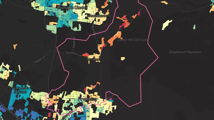 House price heatmap showing property values across Prestbury
