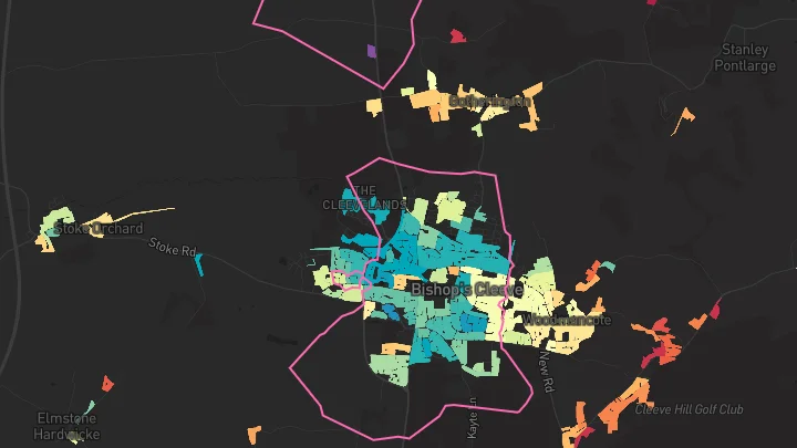 House price heatmap showing property values across Bishops Cleeve