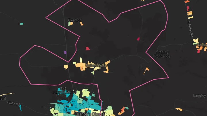 House price heatmap showing property values across Woodmancote
