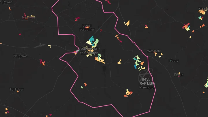 House price heatmap showing property values across Bourton On The Water