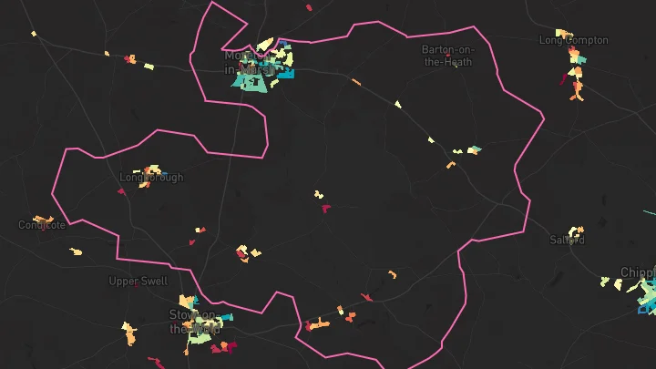 House price heatmap showing property values across Moreton-In-Marsh