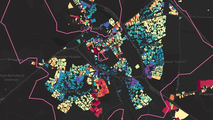 House price heatmap showing property values across Cirencester