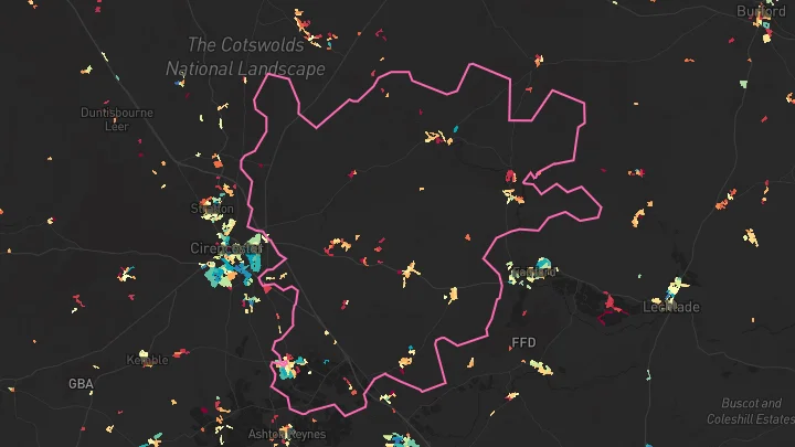 House price heatmap showing property values across South Cerney