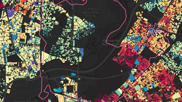 House price heatmap showing property values across Guildford
