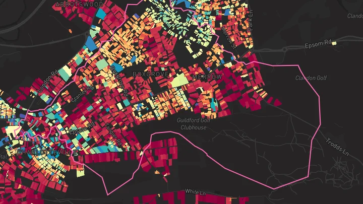 House price heatmap showing property values across Guildford