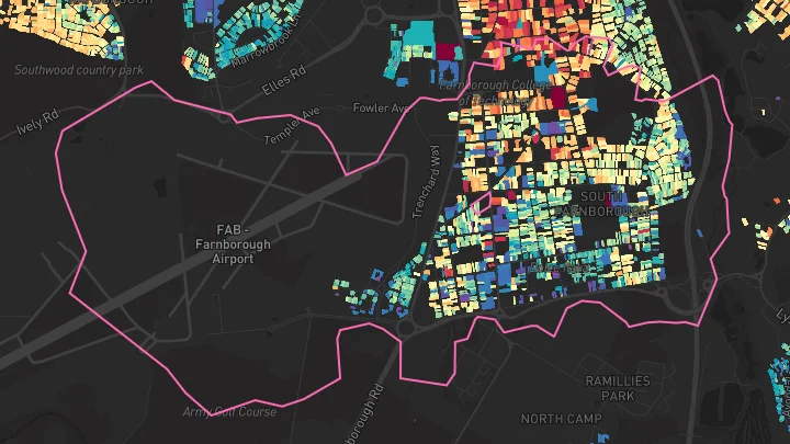 House price heatmap showing property values across Farnborough