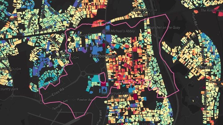House price heatmap showing property values across Farnborough