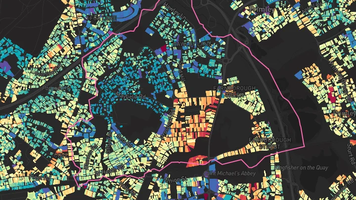 House price heatmap showing property values across Farnborough