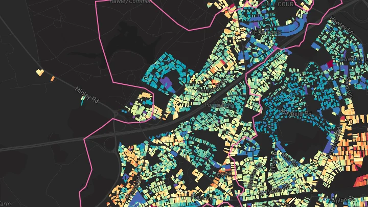 House price heatmap showing property values across Farnborough