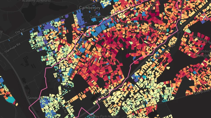 House price heatmap showing property values across Camberley
