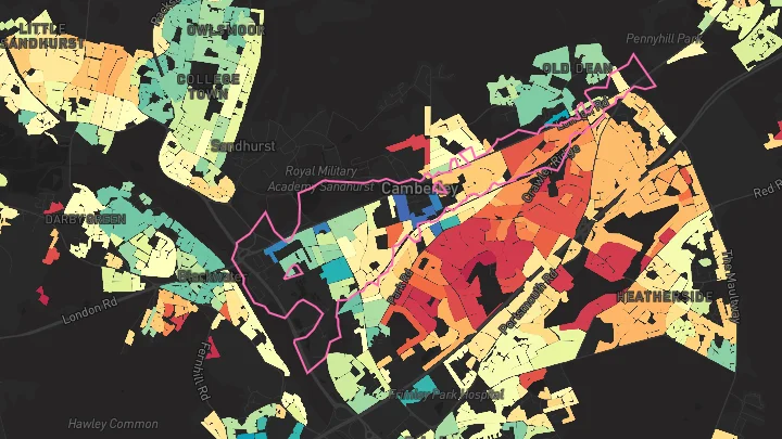 House price heatmap showing property values across Camberley