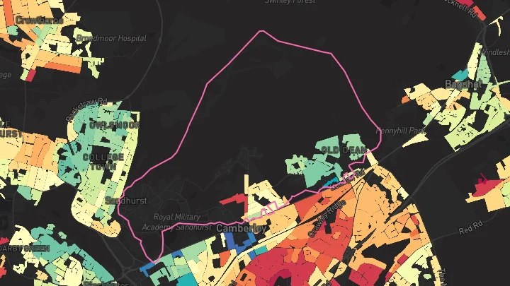 House price heatmap showing property values across Camberley