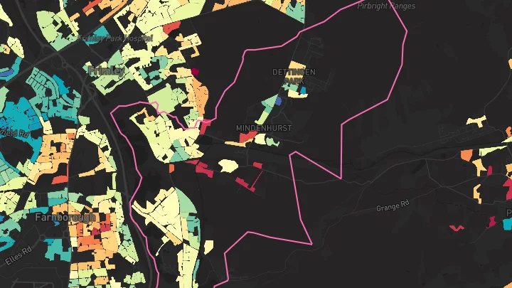 House price heatmap showing property values across Mytchett