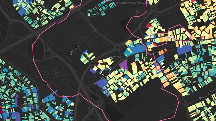 House price heatmap showing property values across Frimley