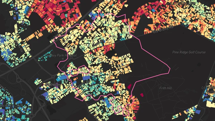 House price heatmap showing property values across Frimley