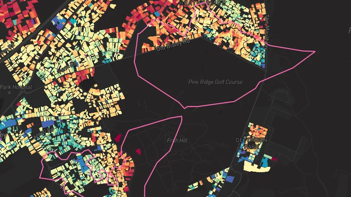 House price heatmap showing property values across Frimley