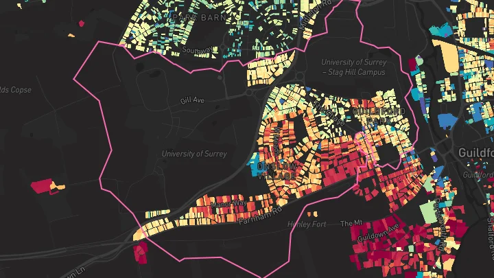 House price heatmap showing property values across Guildford