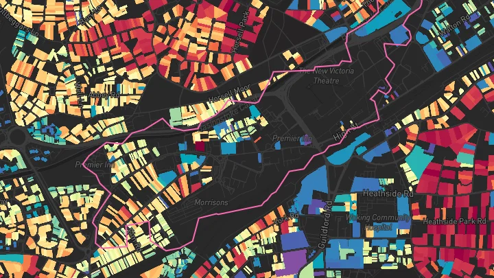 House price heatmap showing property values across Woking