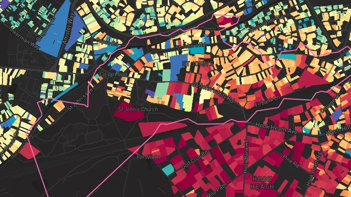 House price heatmap showing property values across Woking