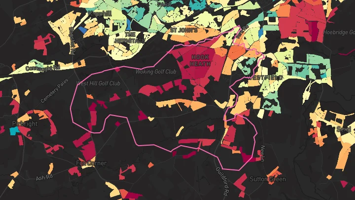 House price heatmap showing property values across Woking