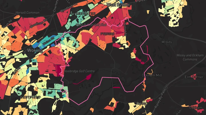 House price heatmap showing property values across Woking