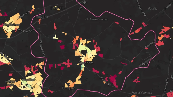 House price heatmap showing property values across Chobham