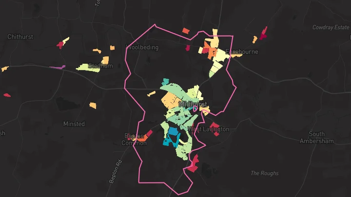 House price heatmap showing property values across Midhurst