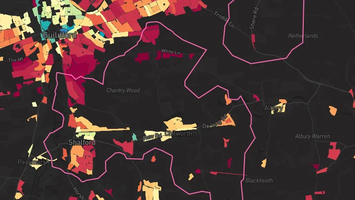 House price heatmap showing property values across Shalford