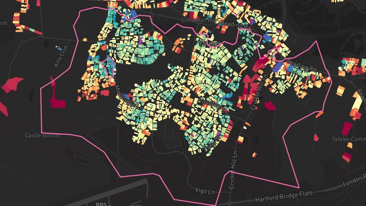 House price heatmap showing property values across Yateley