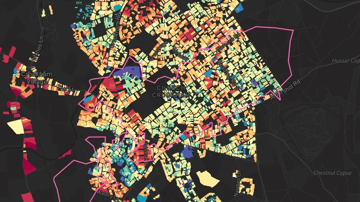 House price heatmap showing property values across Church Crookham