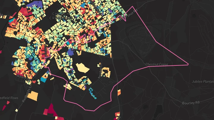 House price heatmap showing property values across Church Crookham