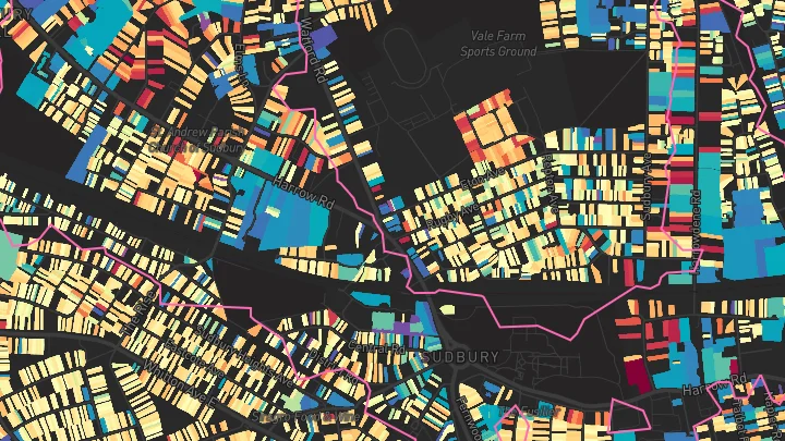 House price heatmap showing property values across Sudbury And Harrow Road