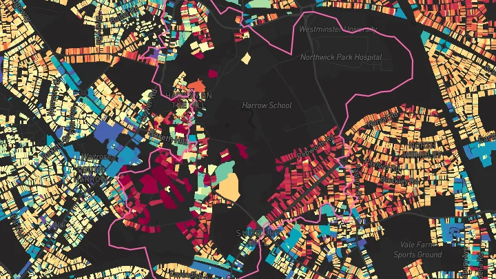 House price heatmap showing property values across Harrow-On-The-Hill