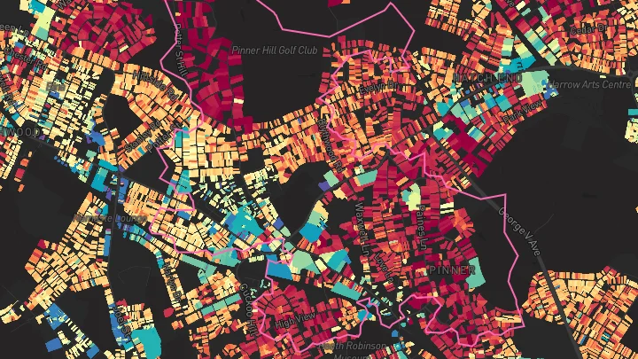 House price heatmap showing property values across Pinner
